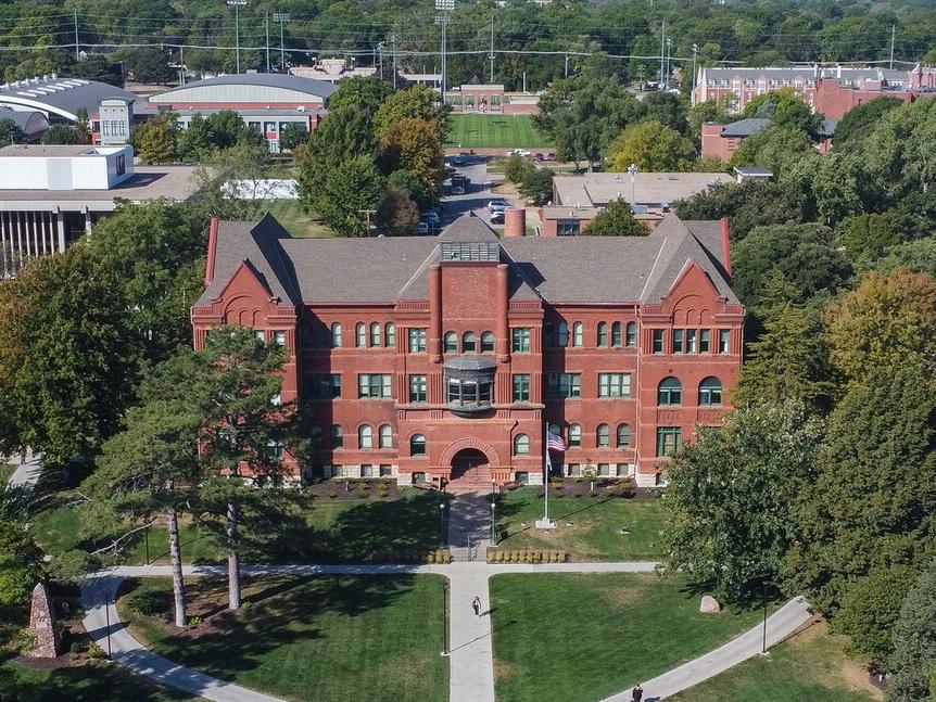 Aerial view of the Old Main building and surrounding area.
